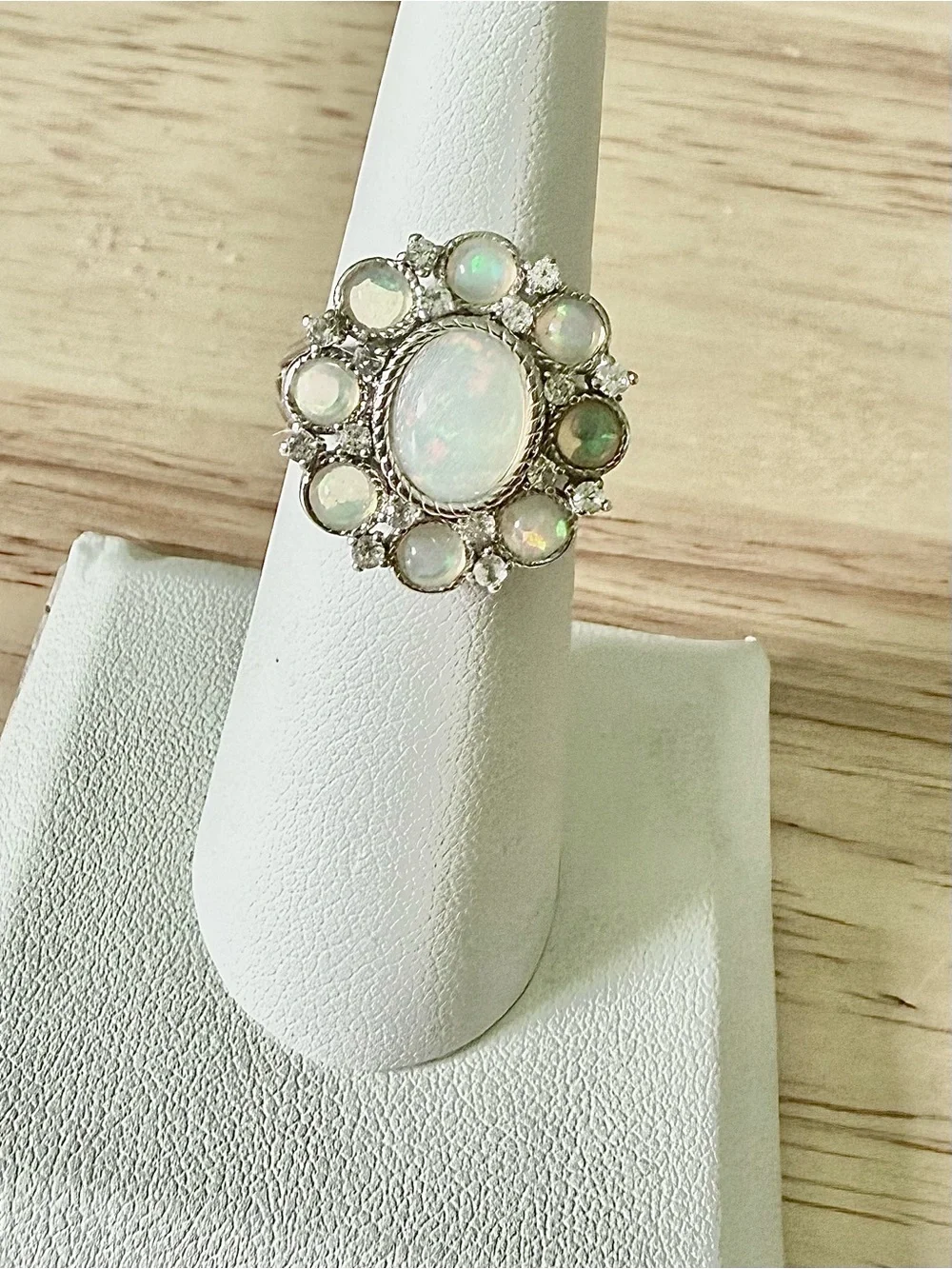 Sterling Silver White Sapphire and Opal Cluster Ring - Size 6